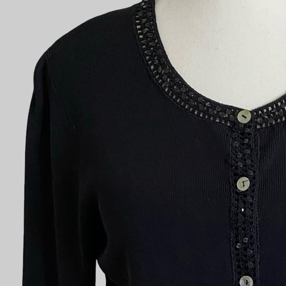 Black Knit Sequin Crochet Detail Button Up Holiday Party Office Sweater- Sz-M - Picture 2 of 16